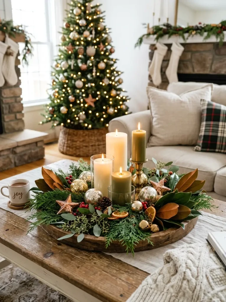 Decorative tray filled with fresh greenery, candles, and ornaments arranged on a festive coffee table.