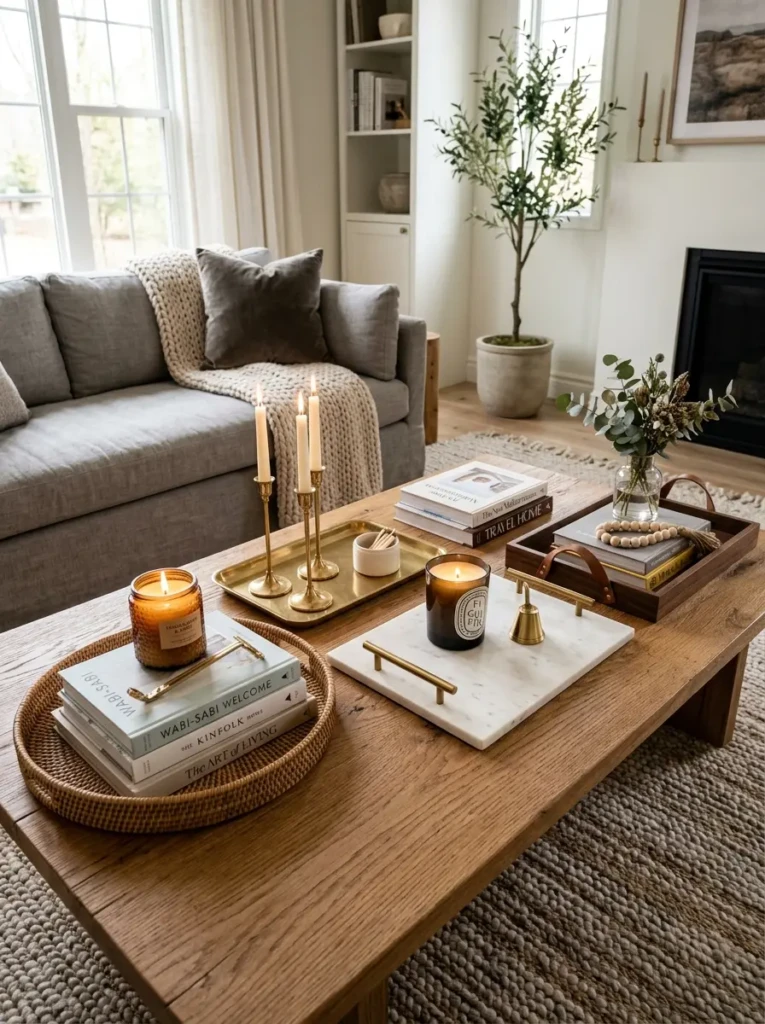 Rattan, brass, and stone trays arranged with books and candles on a coffee table.