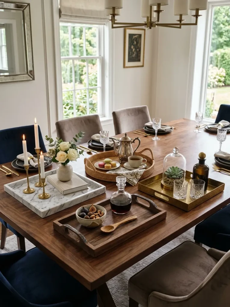 Marble, wood, and woven trays used to organize and elevate dining table decorations.