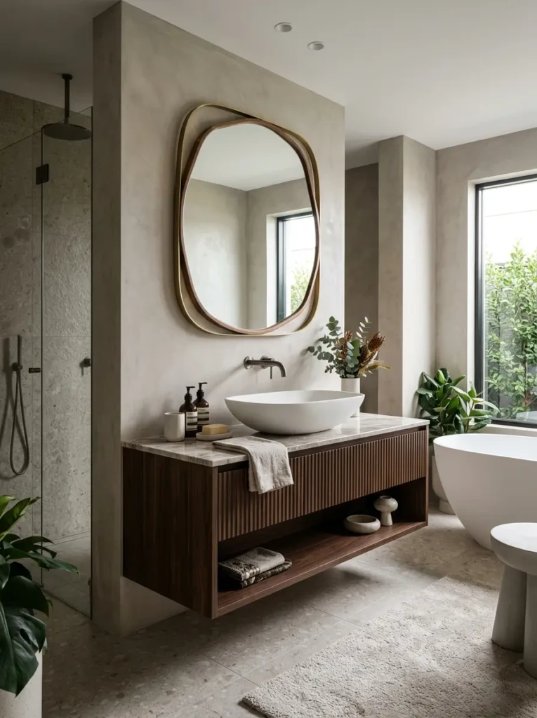 Designer bathroom showcasing an oval sink with artistic curves and sophisticated contemporary decor.