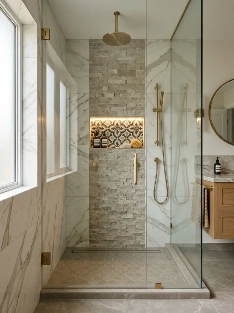 Designer shower combining marble-look, textured, and accent tiles for a personalized appearance.