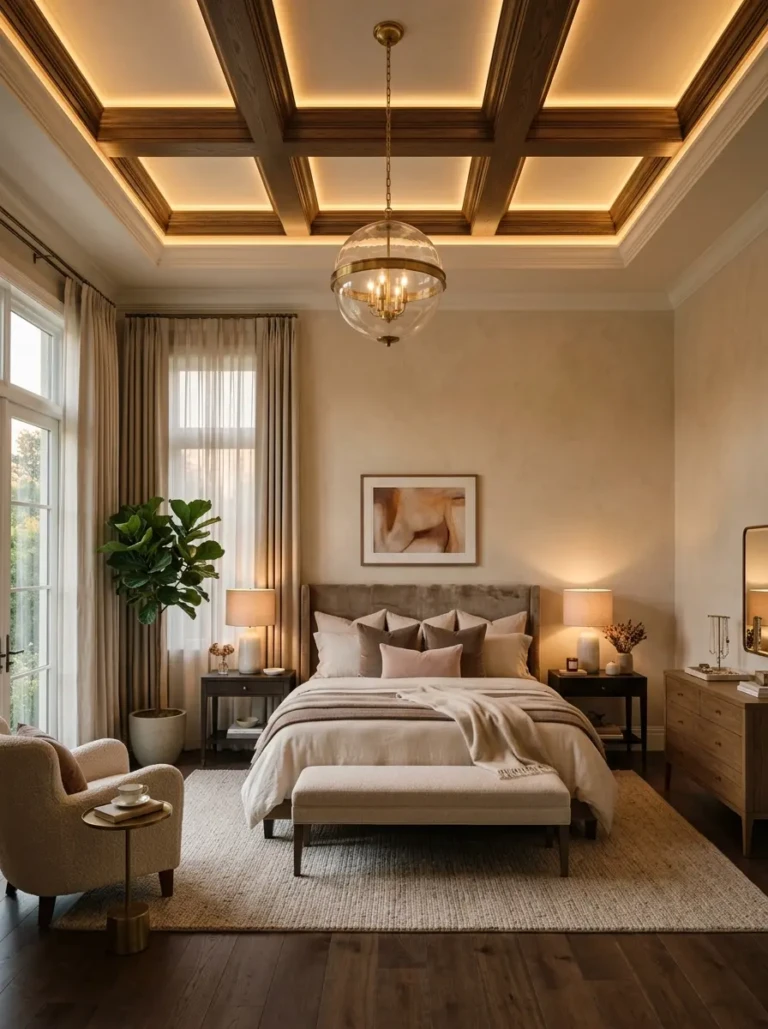 Designer bedroom featuring a beautiful false ceiling and inviting atmosphere.
