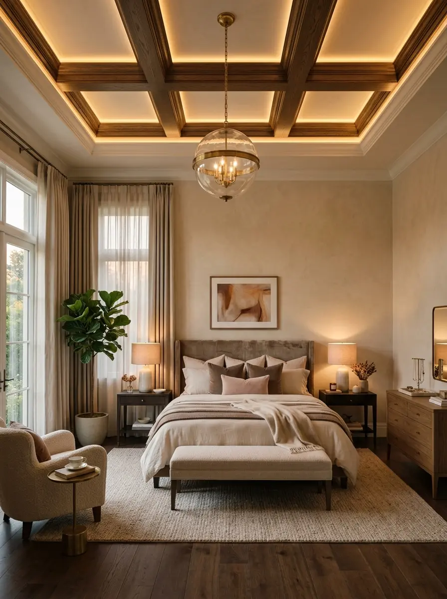 Designer bedroom featuring a beautiful false ceiling and inviting atmosphere.
