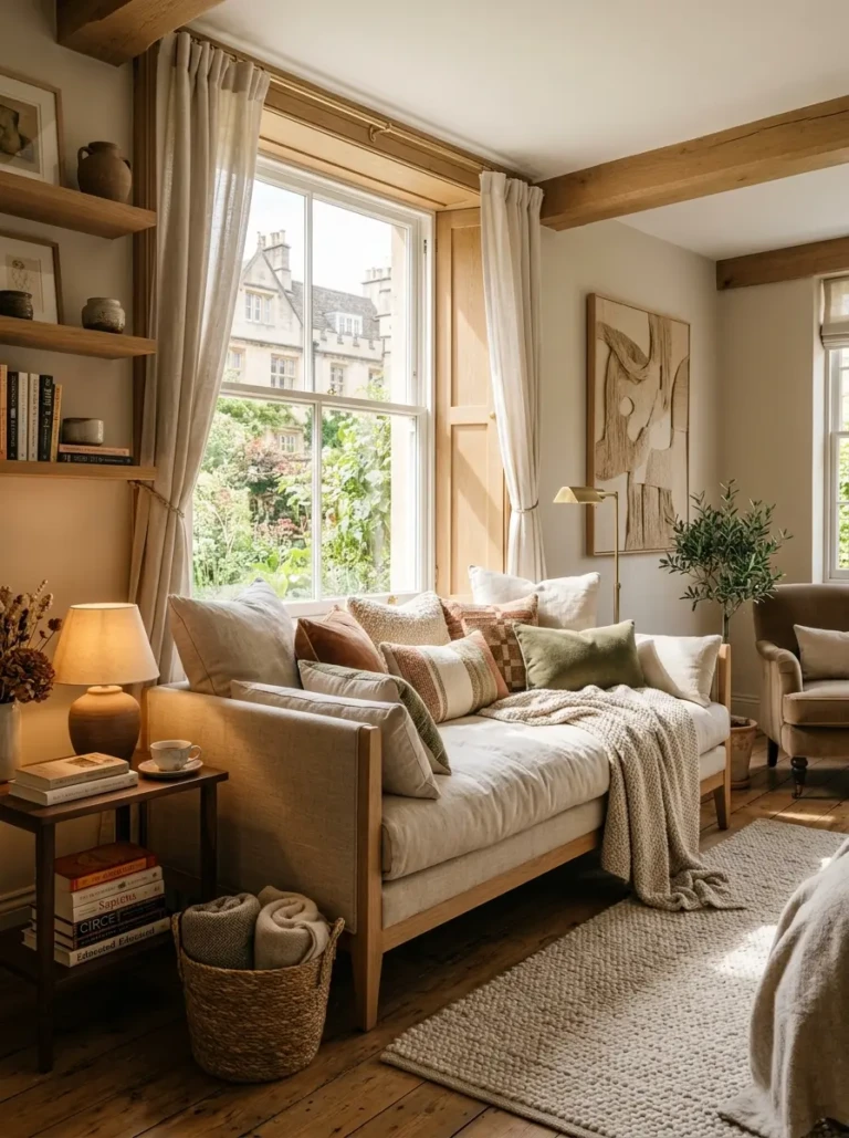 Stylish bedroom with a cozy day bed, layered pillows, soft textures, and boutique hotel-inspired decor creating a warm retreat.