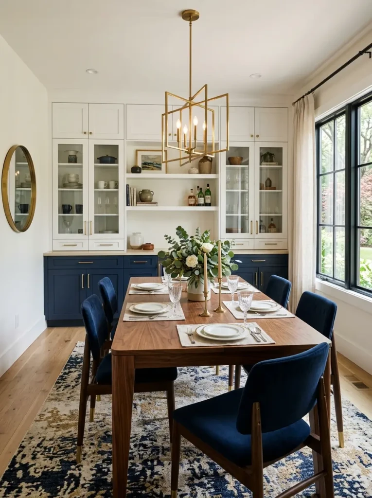 Dining room featuring white and navy two-tone built-ins with a warm wood dining table.