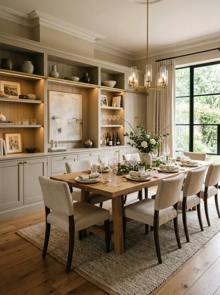 Elegant dining room with custom built-ins, warm lighting, stylish table setting, and cozy magazine-inspired interior design.