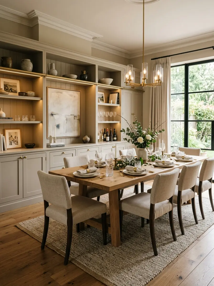 Elegant dining room with custom built-ins, warm lighting, stylish table setting, and cozy magazine-inspired interior design.