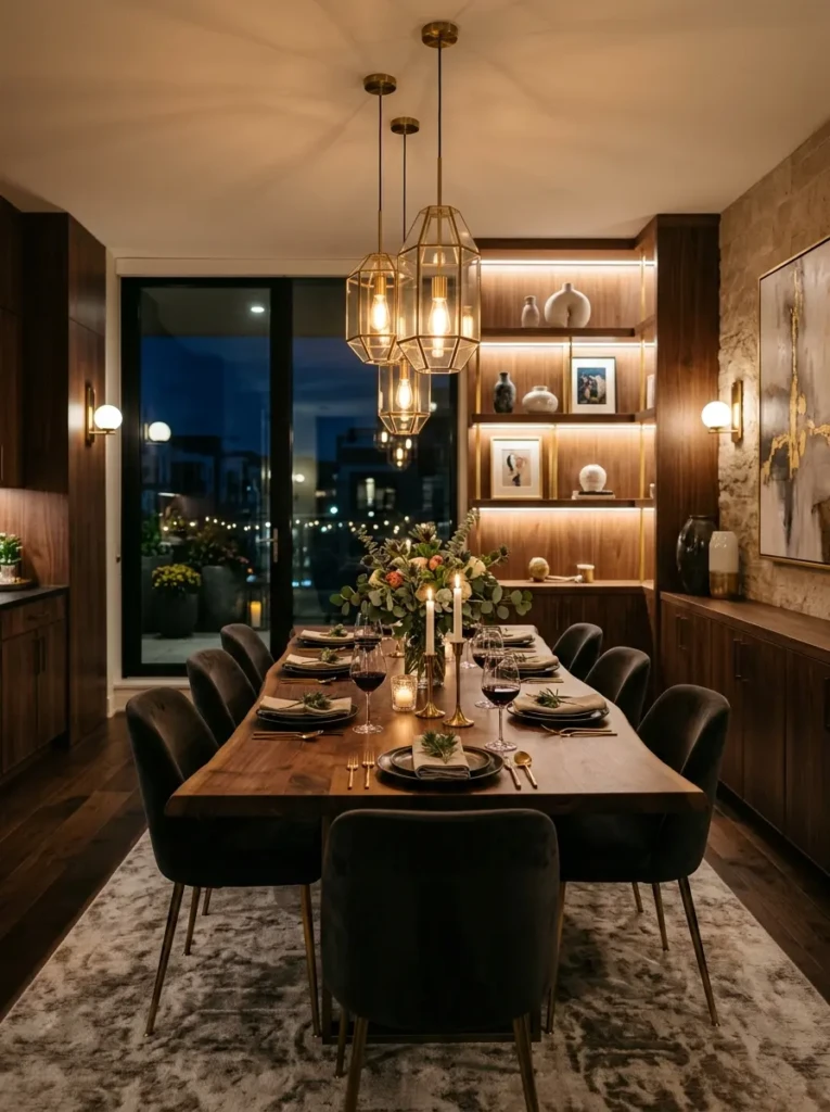 Dining room illuminated by a chandelier, wall sconces, and candlelight.