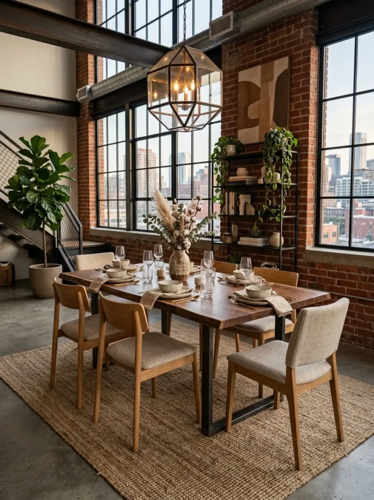 Modern dining room with industrial accents and a textured natural jute rug.