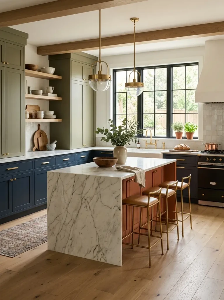 Elegant designer kitchen showcasing multiple kitchen cabinet color ideas with warm lighting, stylish finishes, and inviting décor.