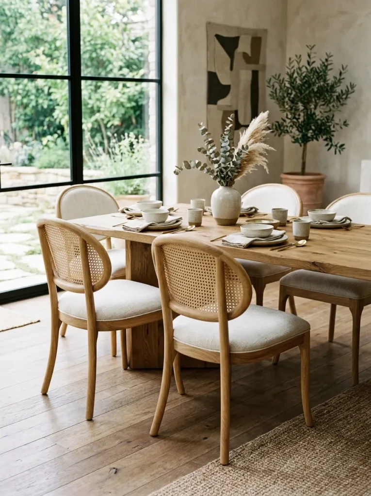 Rounded upholstered dining chairs arranged around a natural wood table.