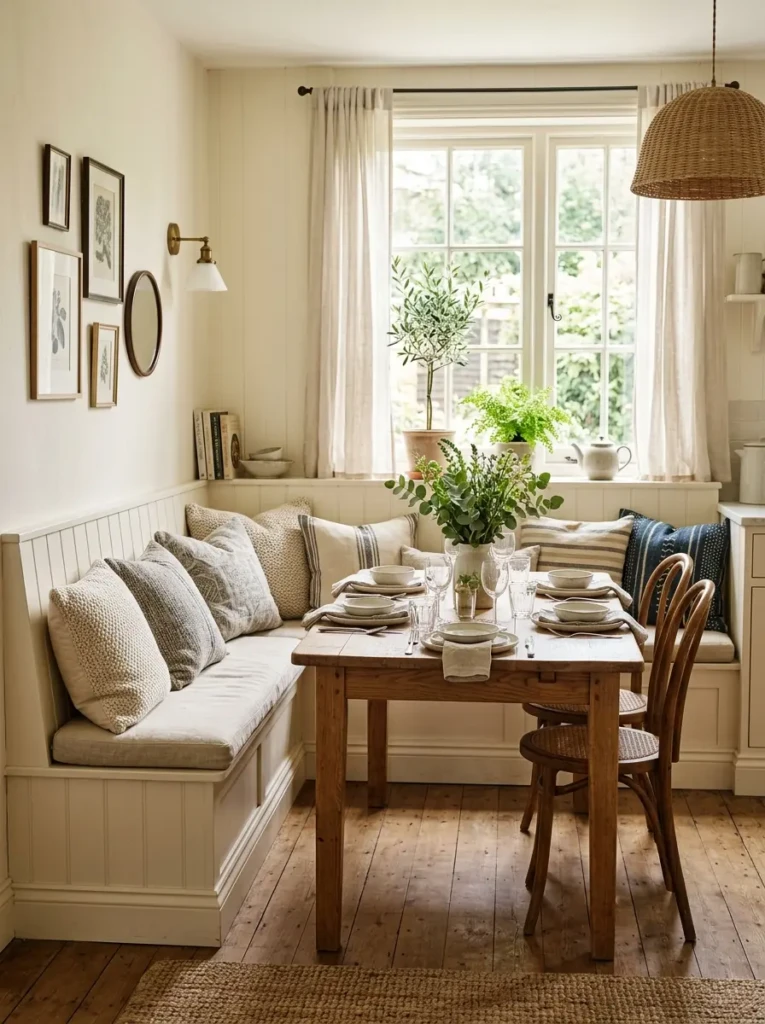 Cozy dining nook with built-in bench seating, plush cushions, wooden table, and soft natural light.