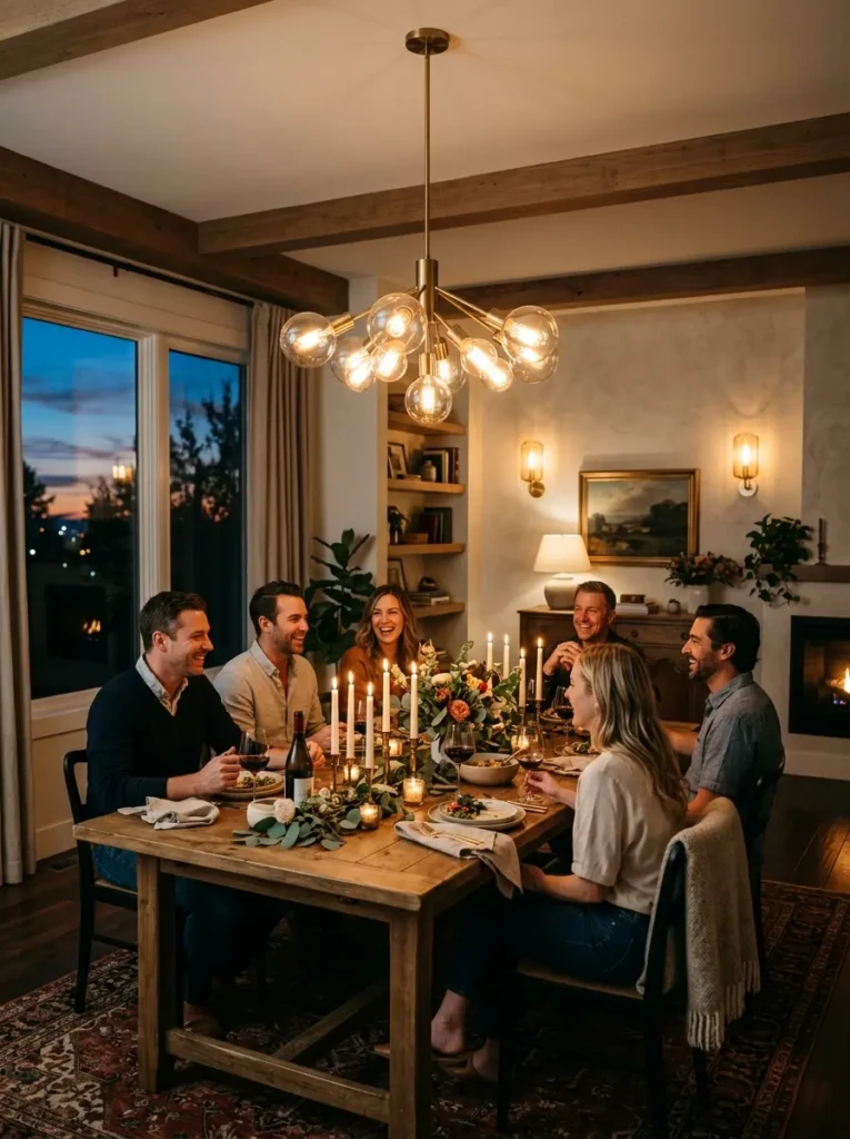 Elegant dining room with pendant lighting, wall sconces, candles, and a cozy evening atmosphere.