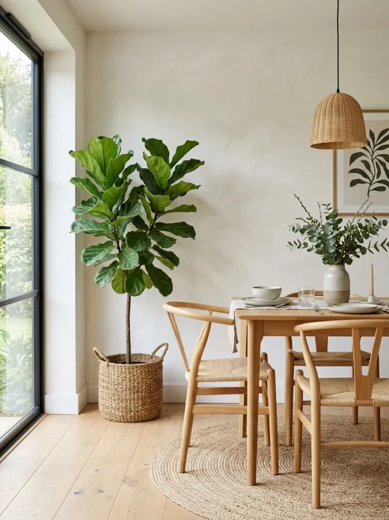 Tall indoor plant adding freshness and organic beauty to a minimalist dining area