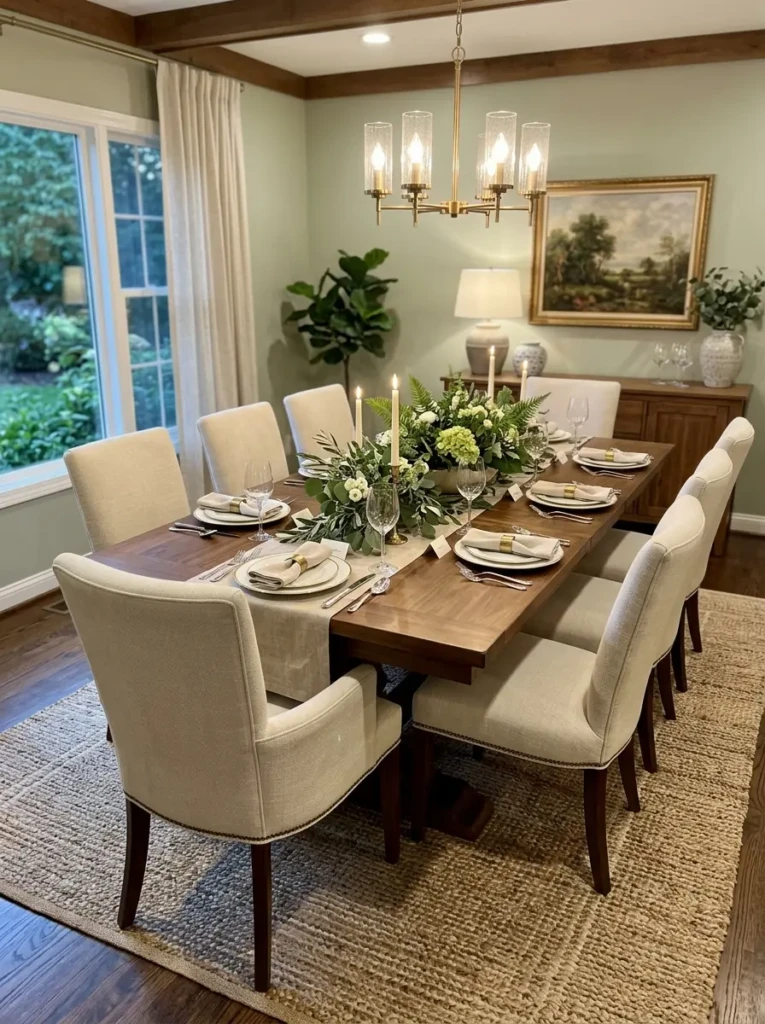 Upholstered dining chairs and refined table decor paired with a woven jute rug.
