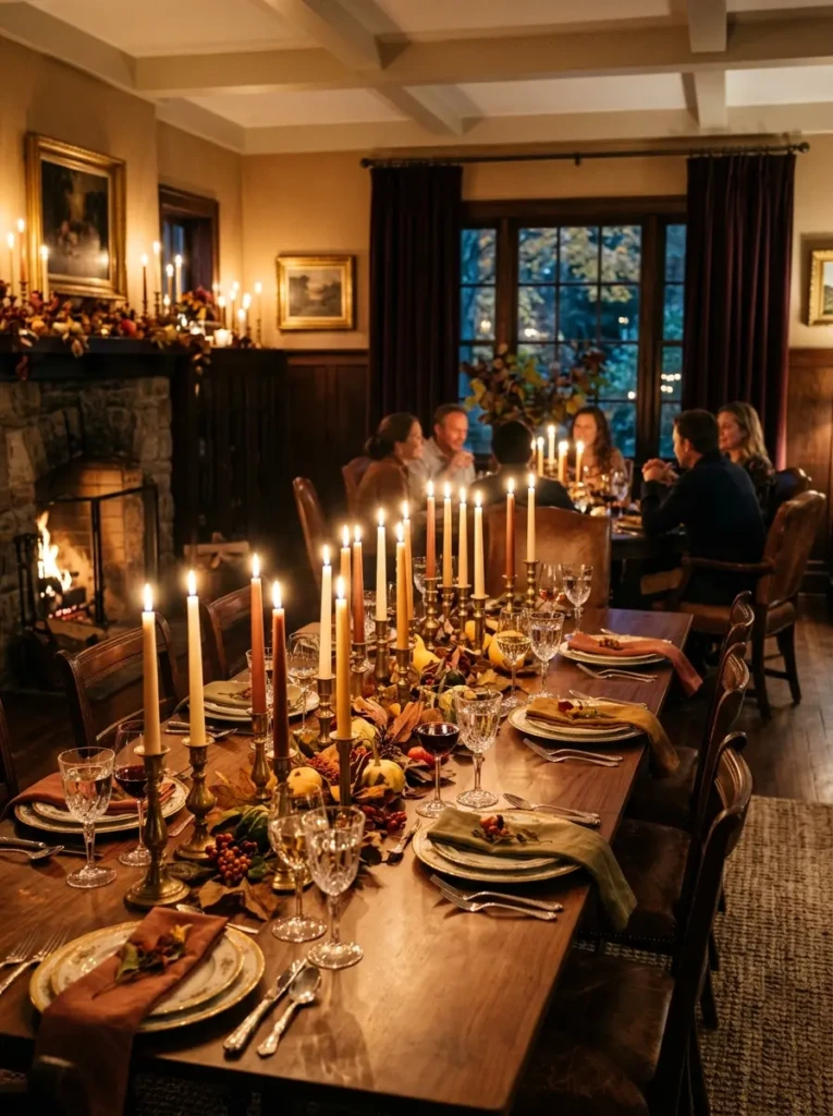 Cozy dining room illuminated by flickering candles in brass and ceramic holders.