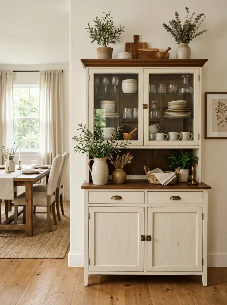 Beautiful dining room hutch decorated with elegant dishes, greenery, and warm accents