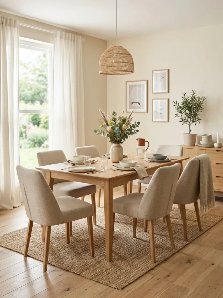 Bright dining room with cream tones, light oak furniture, linen curtains, and soft layered textures.