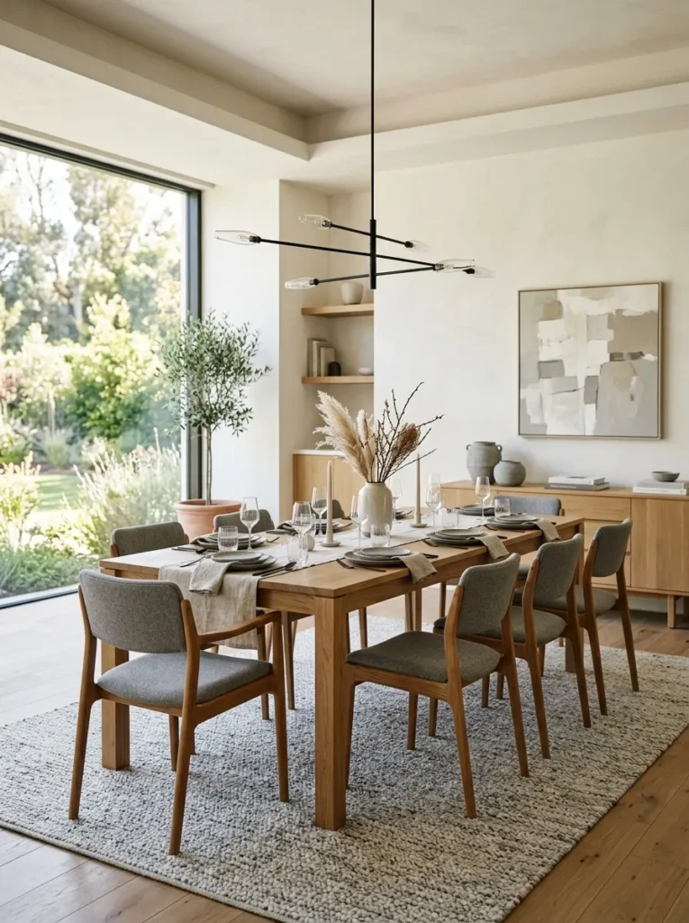 Dining room featuring ivory walls, oak furniture, and subtle gray accents in a minimalist design