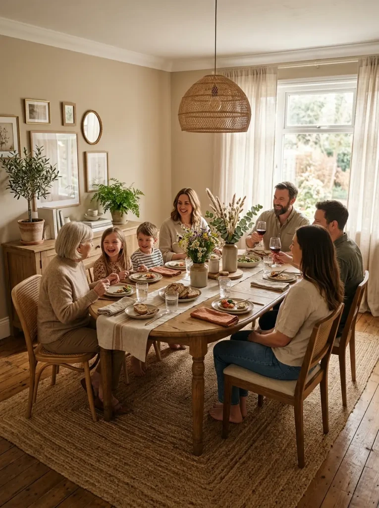 Beautifully finished dining room makeover showcasing a woven jute rug and layered textures.