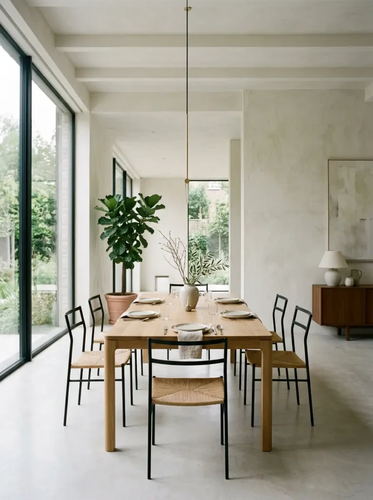 Calm minimalist dining room highlighting open areas and carefully selected furnishings
