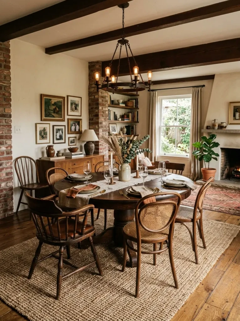 Timeless dining room with mixed materials, decorative accents, and a natural jute rug.