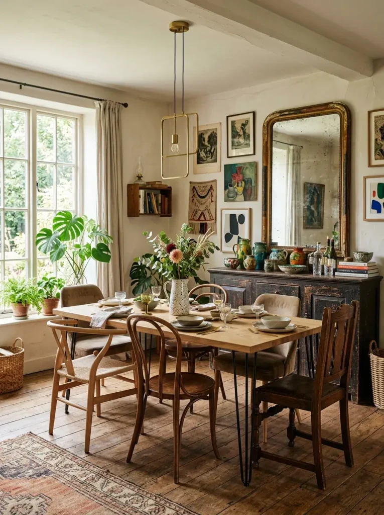 Dining room combining antique furniture, modern table design, decorative ceramics, and layered textures.