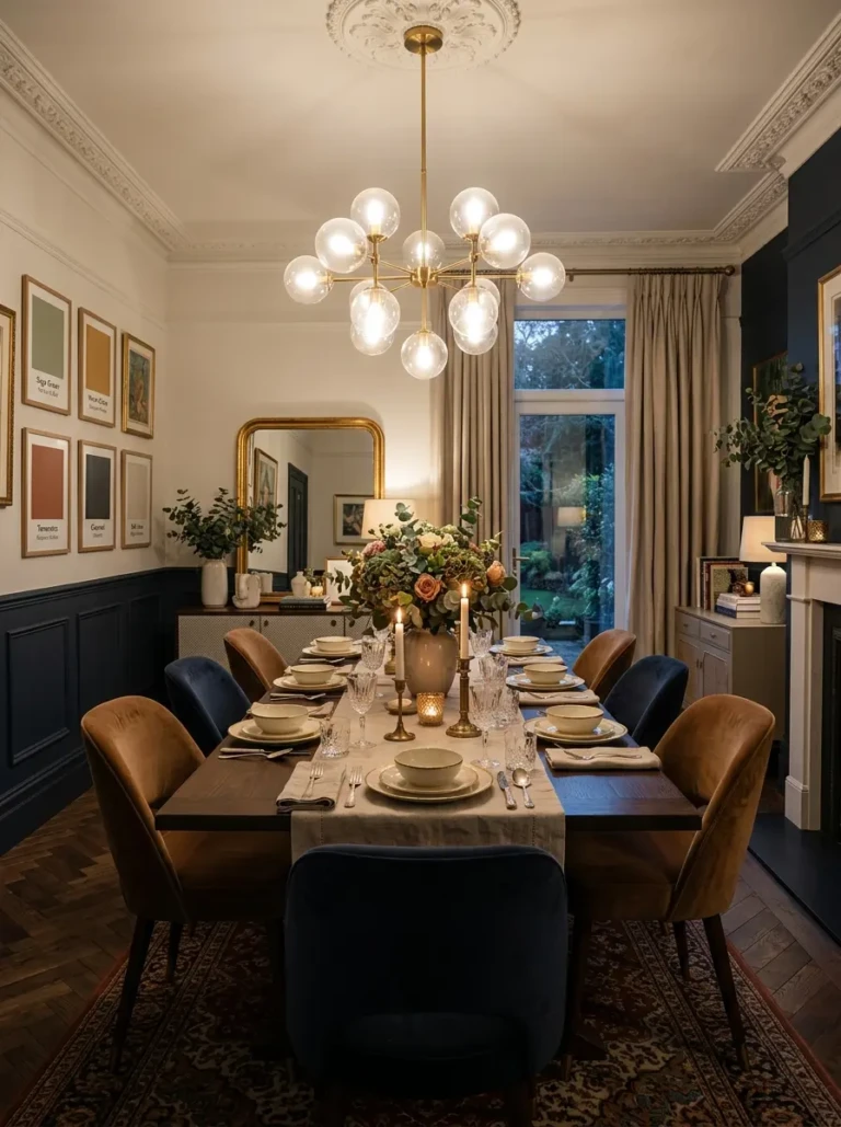 Beautiful dining room featuring multiple paint color inspirations, elegant furniture, warm lighting, and inviting modern decor.
