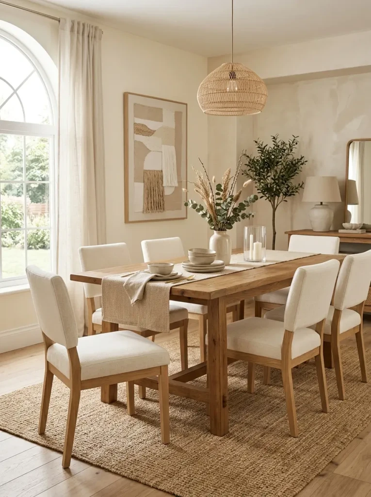 Elegant neutral dining room featuring ivory chairs, beige accents, and a natural jute rug.