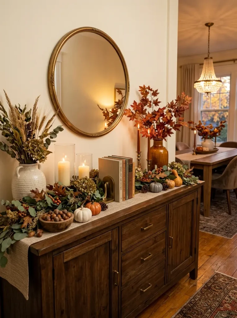 Decorated dining room sideboard with candles, books, ceramic vases, and seasonal greenery.