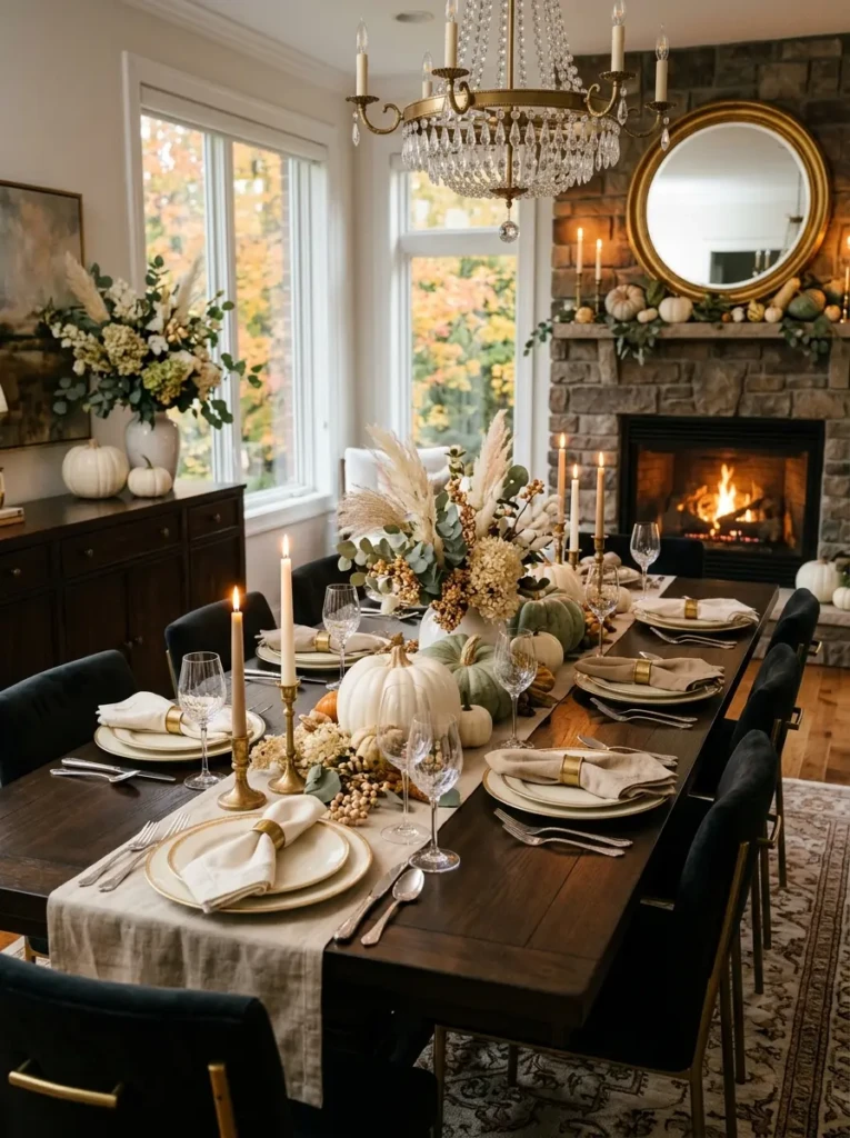 Elegant display of white pumpkins and decorative gourds on a fall dining table.