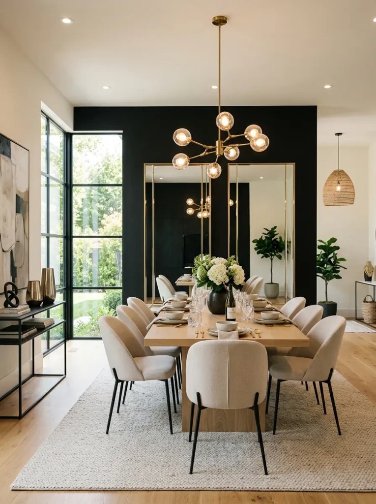 Stylish dining room featuring a bold black accent wall, light furniture, mirrors, and sophisticated contemporary decor.