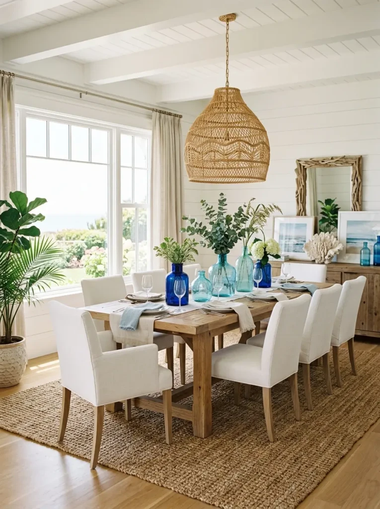 Dining space featuring rattan lighting, blue glass decor, and a natural woven rug.