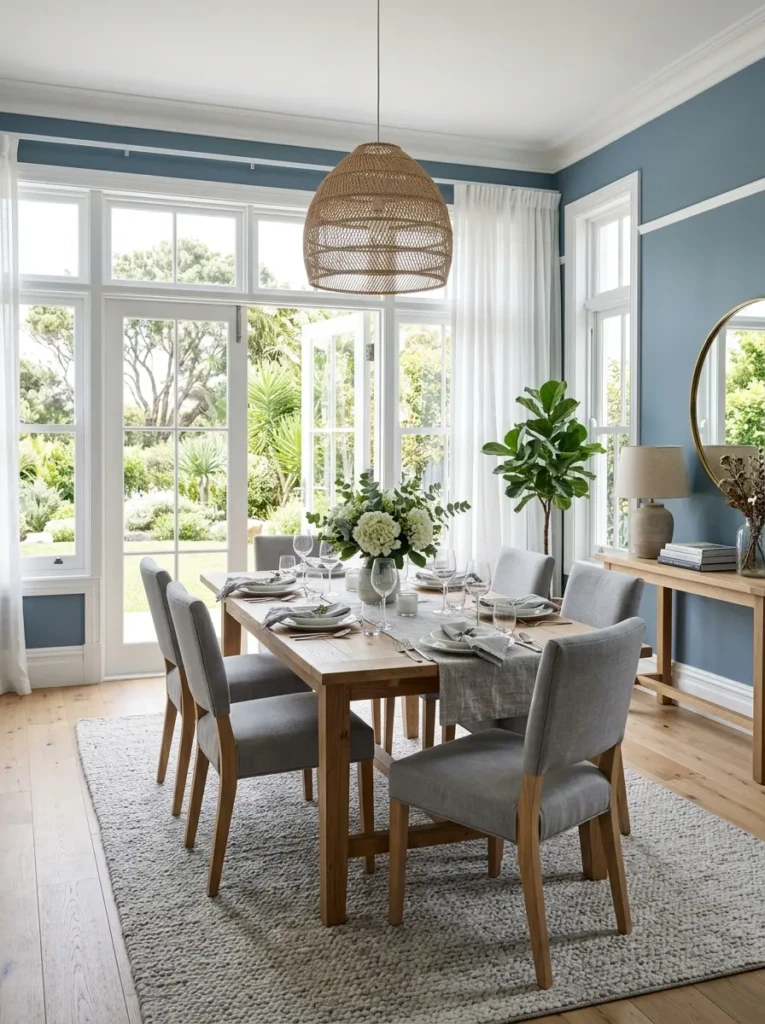 Bright dining room featuring smoky blue walls, white trim, natural wood furniture, and soft neutral accents.
