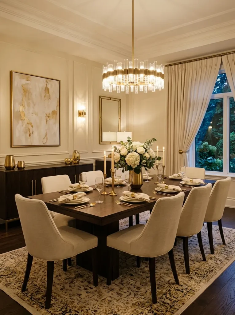 Elegant dining room with dark furniture, brass accents, and warm lighting
