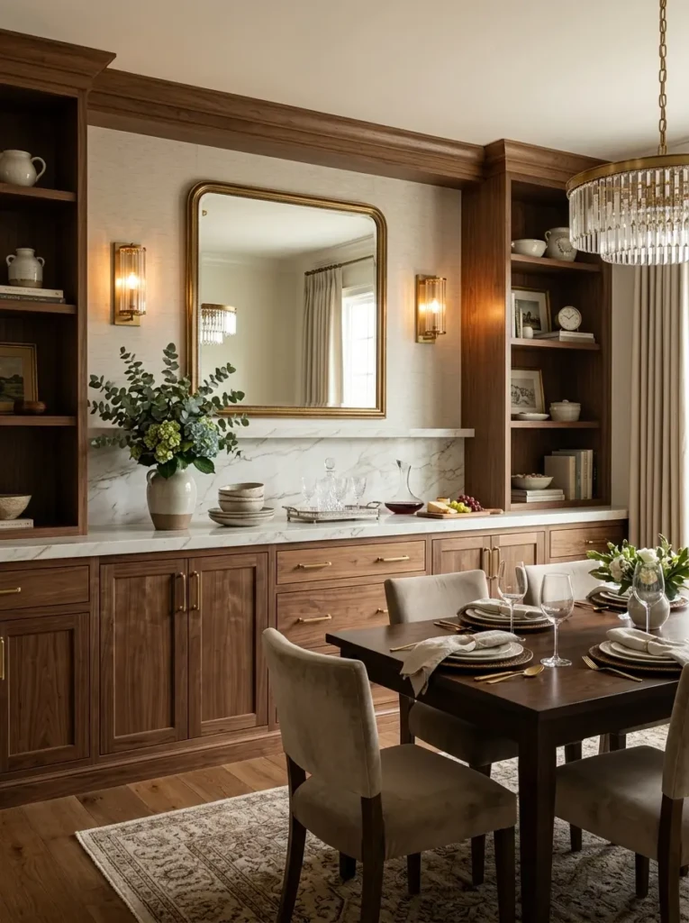 Dining room with a built-in buffet cabinet, stone countertop, decorative mirror, and organized storage.