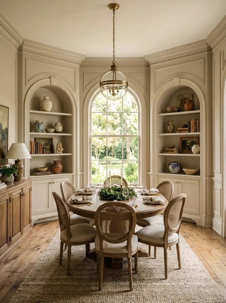 Dining room featuring elegant arched built-ins, decorative shelving, and soft neutral color tones.