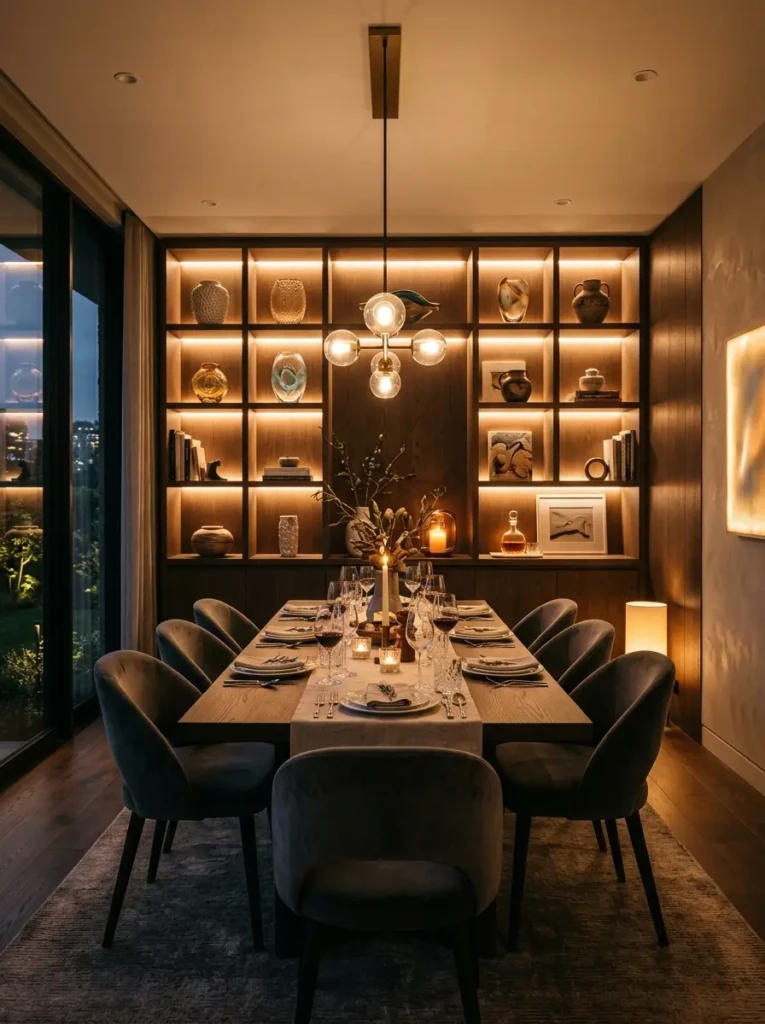 Modern built-in dining room shelves illuminated by warm LED lighting and stylish decorative accessories.