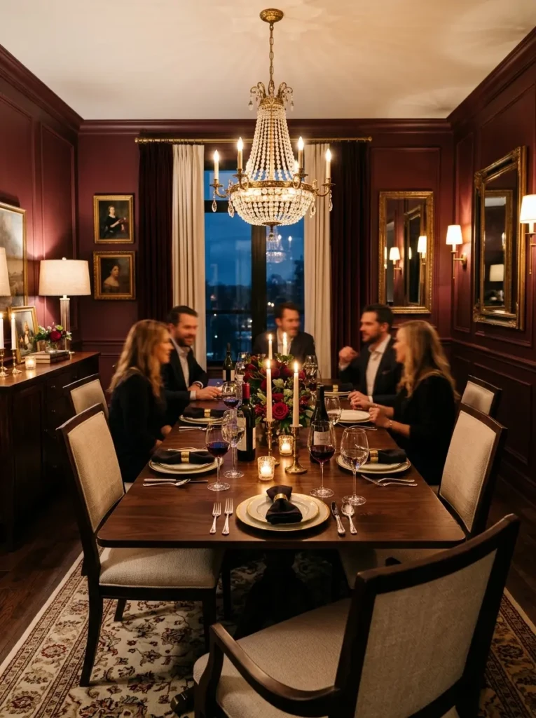 Cozy dining room with burgundy walls, dark wood furniture, brass lighting, and elegant dinner party atmosphere.