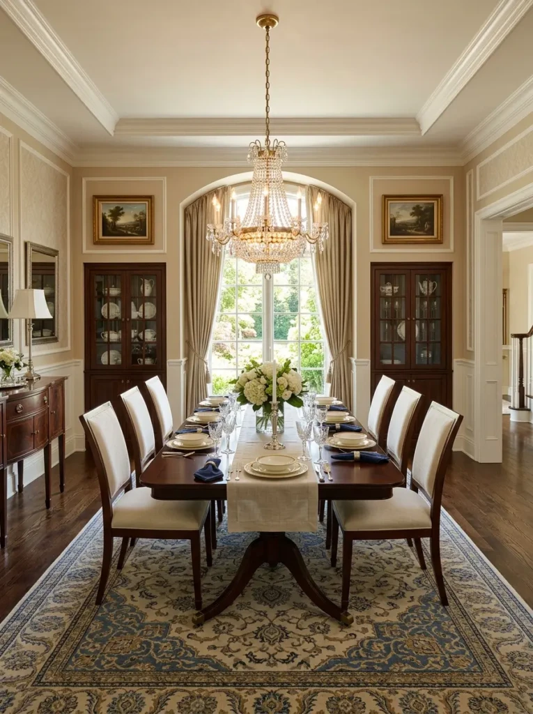 Well-proportioned chandelier centered above a dining table for visual harmony.