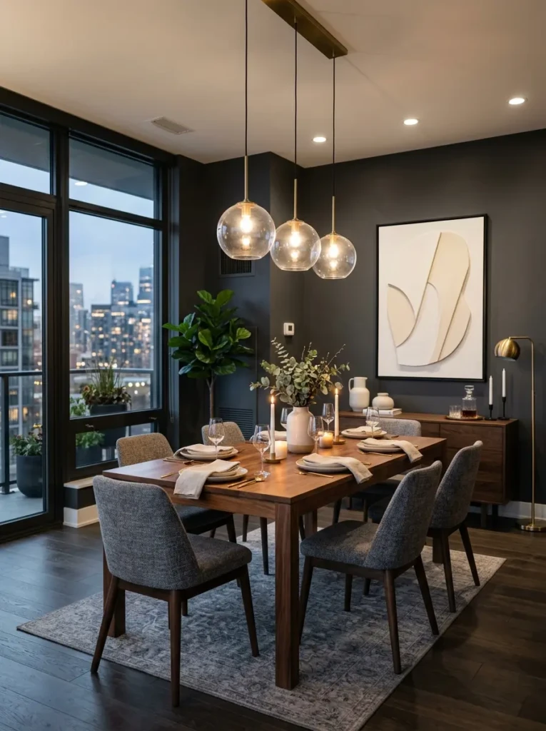 Contemporary dining room with charcoal gray walls, wood dining table, glass lighting, and sleek modern decor.