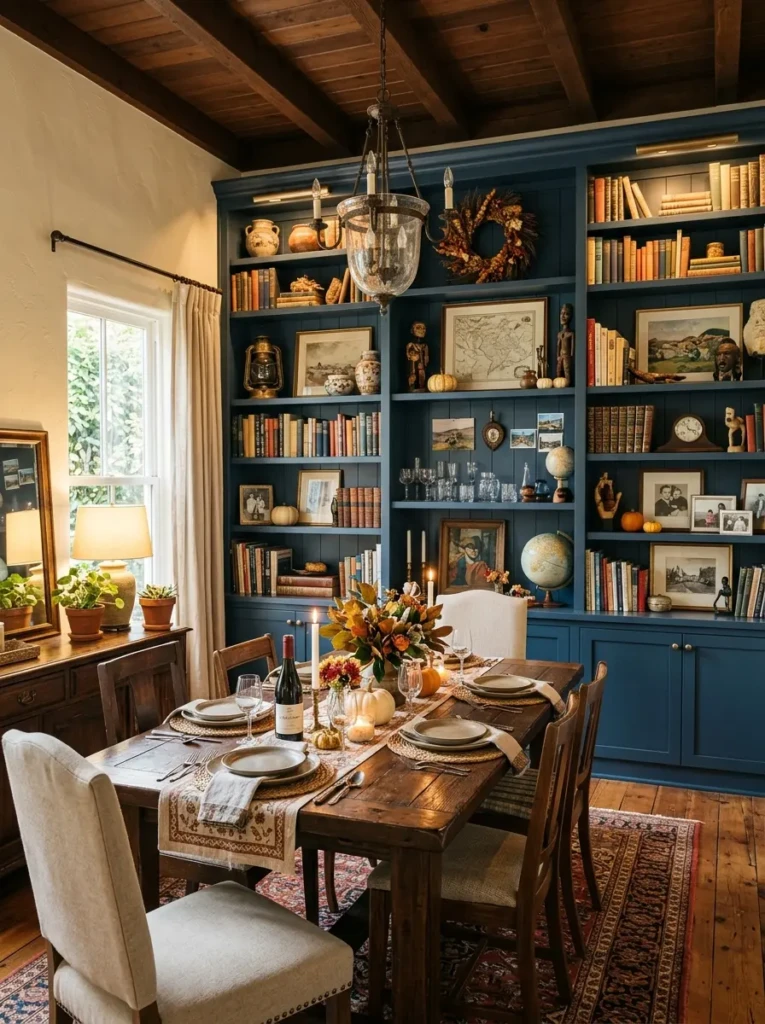Dining room built-ins displaying books, family heirlooms, travel souvenirs, and curated home decor.