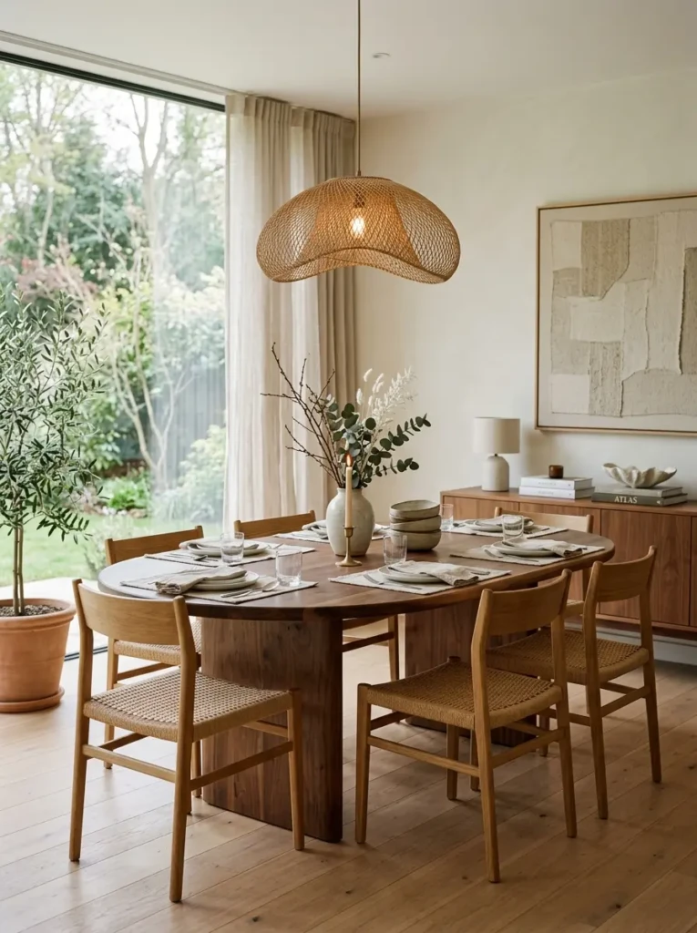Simple dining table decor featuring a ceramic bowl, linen runner, and branches.