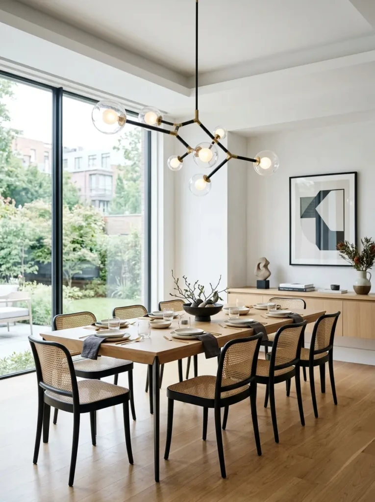 Unique sculptural chandelier serving as a statement art piece above a dining table.