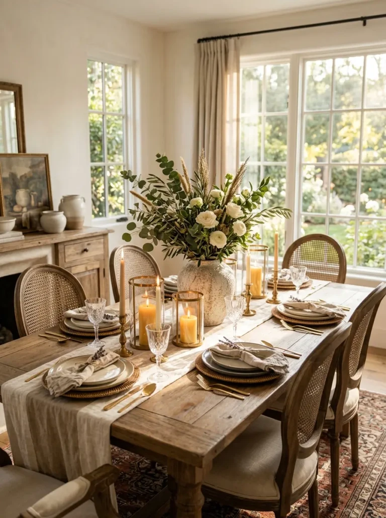Beautiful dining table styling decor with candles, greenery, ceramic vase, and elegant neutral accents in a cozy dining room.