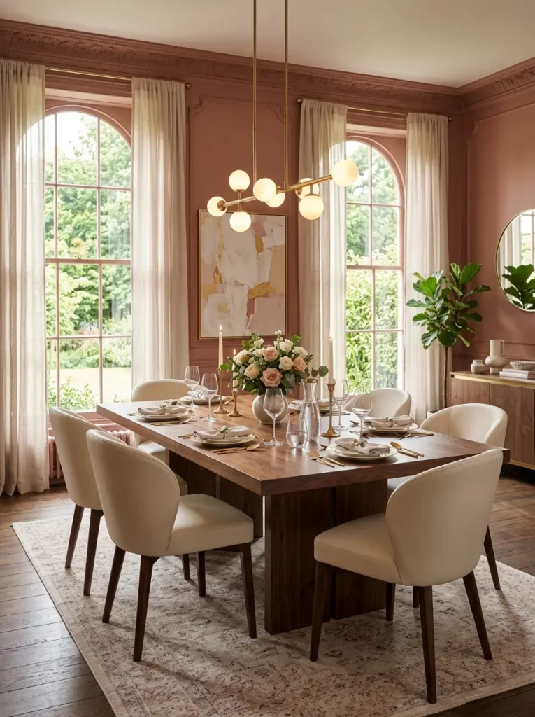 Stylish dining room with dusty rose walls, walnut furniture, brass lighting, and welcoming contemporary decor.