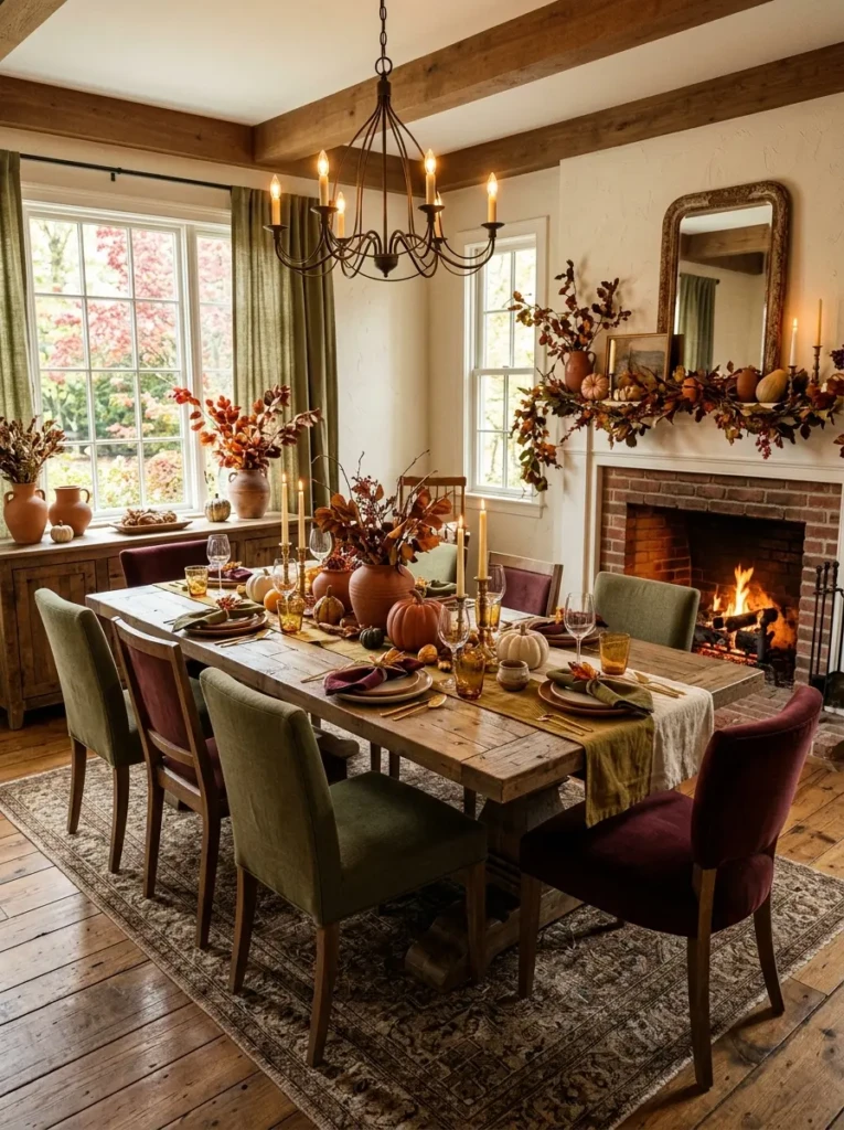 Elegant dining room decorated with terracotta, olive green, burgundy, and cream accents.