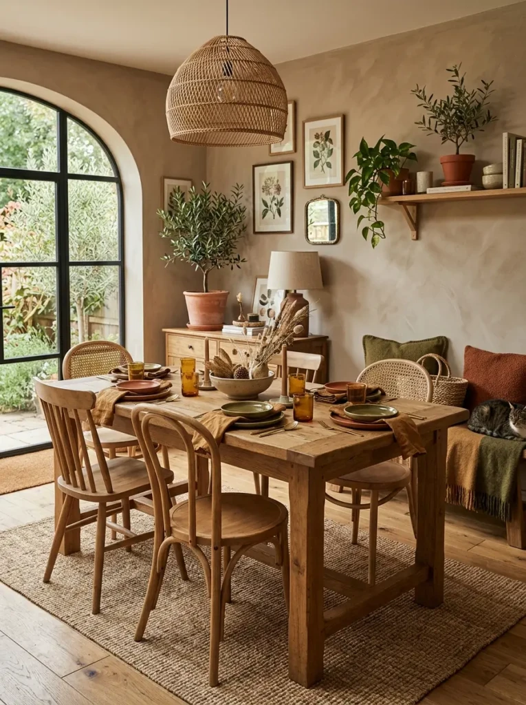 Cozy dining room decorated with terracotta, olive green, caramel accents, and natural materials.