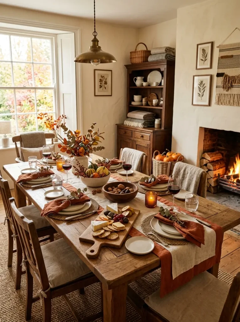 Cozy dining room styled with wooden serving boards, bowls, and natural wood decor.