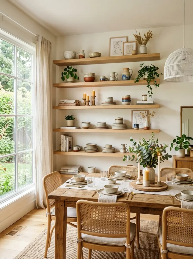 Dining room with built-in open shelves displaying pottery, plants, dishes, and stylish decorative accents.